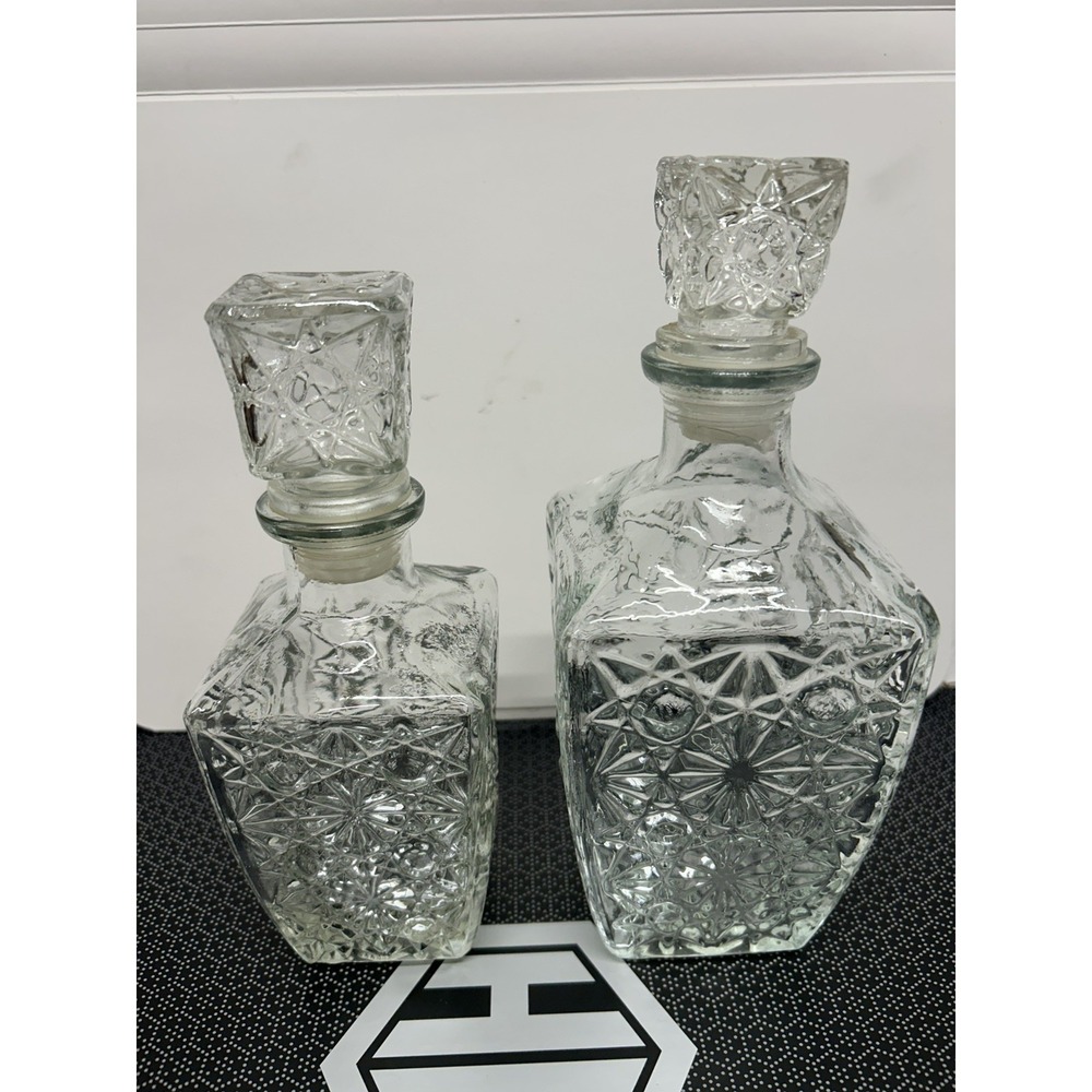 Pair of 2 Vintage  Liquor Decanter w/Stopper Clear Pressed Glass Diamond Cut